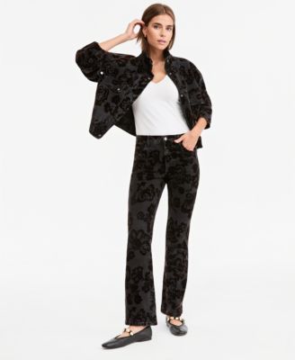 Women's Flocked Floral-Print Flared-Leg Denim Pants