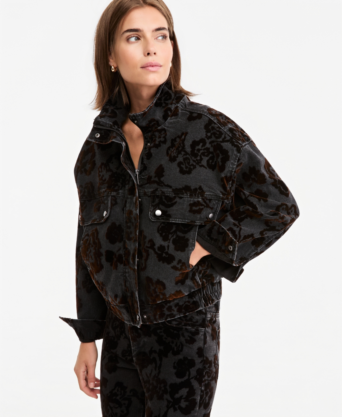 And Now This Petite Flocked Floral-Print Velvet Bomber Jacket, Macy's Exclusive - Dark Brown