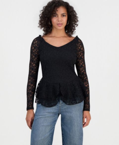 Женский топ And Now This Lace Peplum Long-Sleeve, цвет: Чёрный