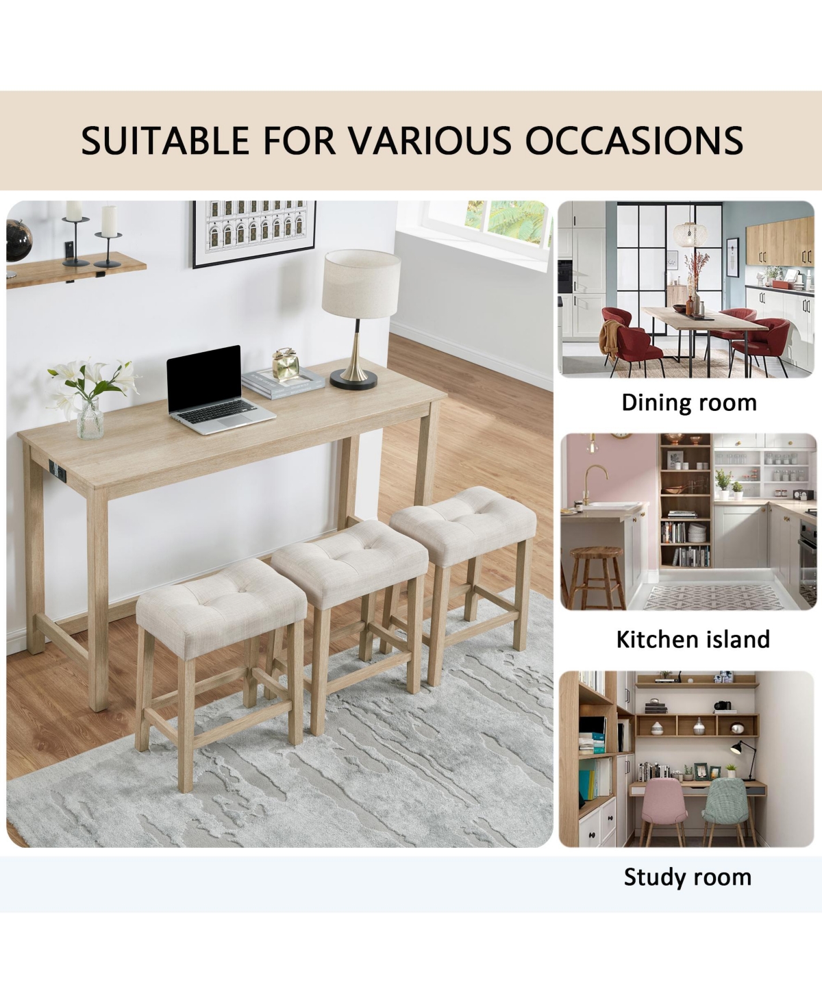 Flynama 4-Piece Bar Table Set with Power Outlet, 3 Stools for Sofa Behind and Living Room