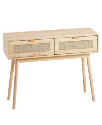 Storage Console Table with Rattan Panels and 2 Drawers, Entryway Table for Living Room and Hallway- Wood Color