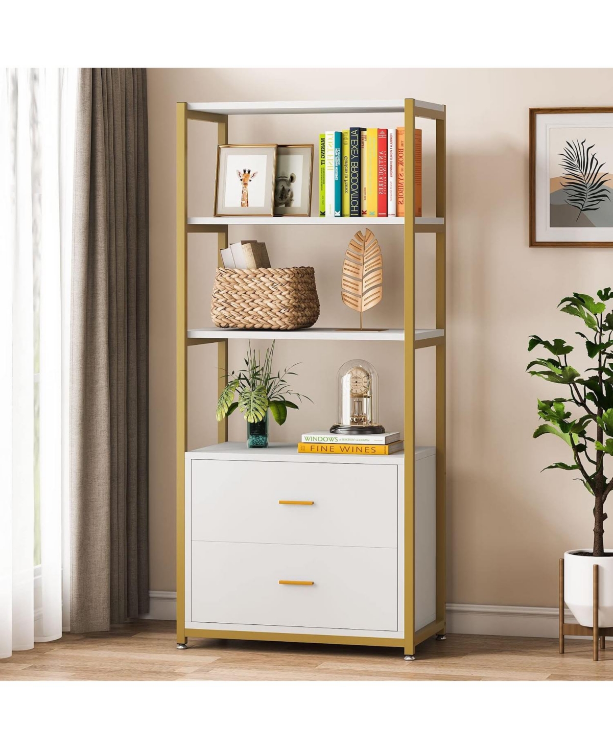 Tribesigns 4-Tier Bookshelf with 2 Drawers