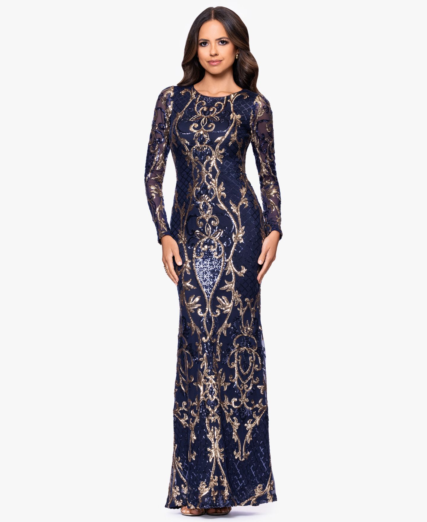 Женское платье B&A By Betsy and Adam Betsy & Adam Plus Size Sequined Long-Sleeve Sheath Gown, цвет: Тёмно-синий золотой — фото 2