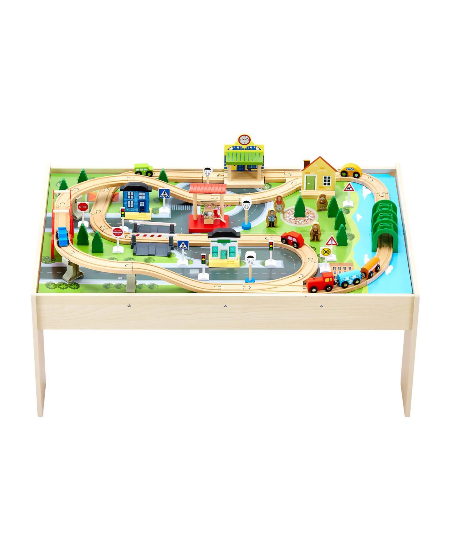 Детские игрушки HONGGE 84-Piece Reversible Tabletop Wooden Train Table with Collapsible Storage Bin, цвет: Зелёный / Коричневый — фото 11