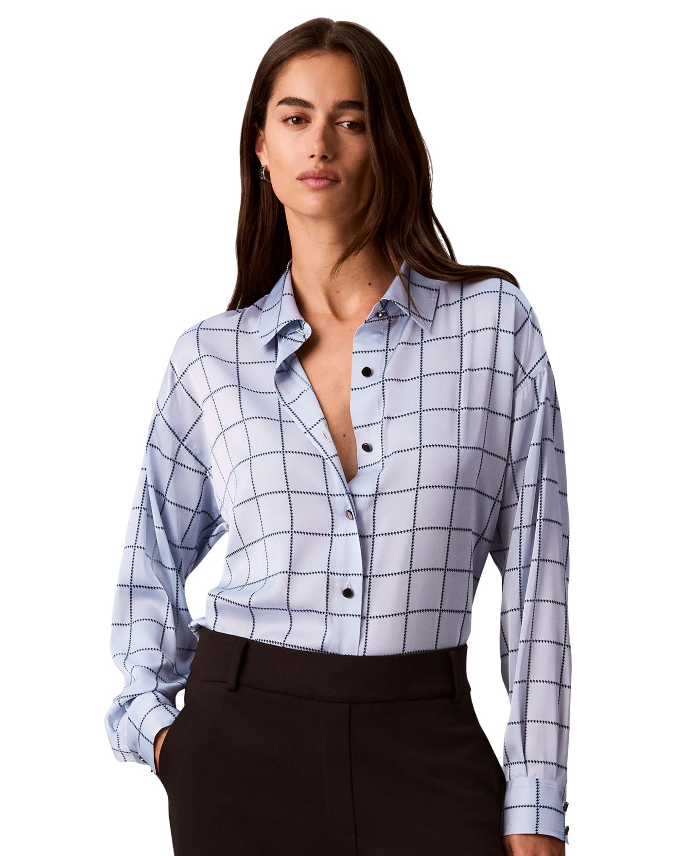Женская рубашка Calvin Klein Plaid Long-Sleeve Button-Up, цвет: Синий / Тёмно-синий — фото 7