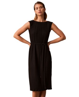 Women's Belted Pleated Boat Neck Midi Dress