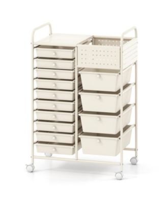 14-Drawer Rolling Storage Cart with Metal Tabletop and Pegboard