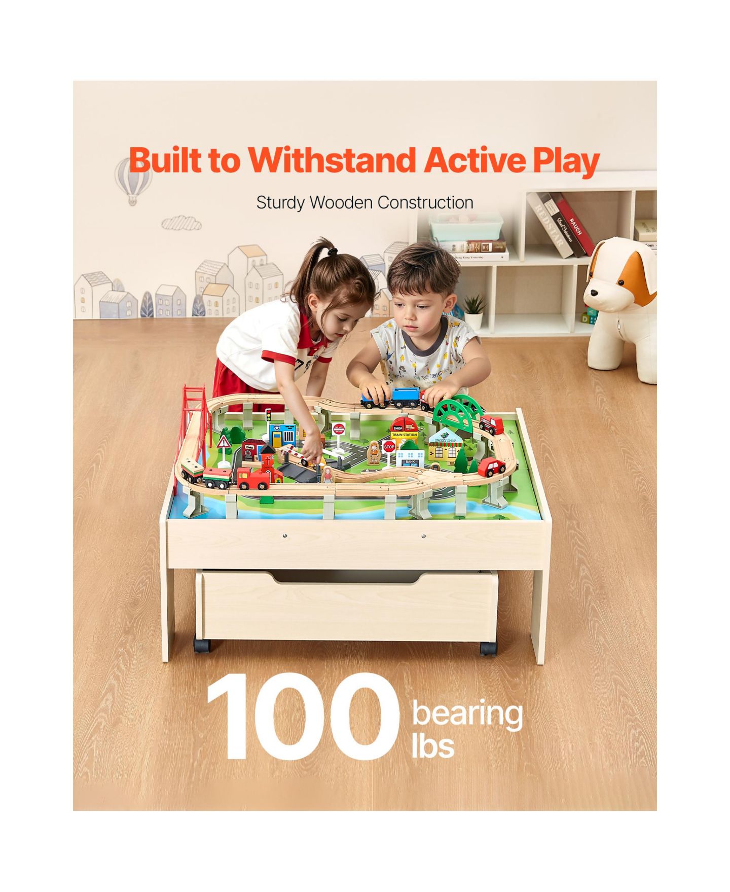 Детские игрушки HONGGE 3-in-1 100-Piece Reversible Wooden Train Table, цвет: Натуральный — фото 7