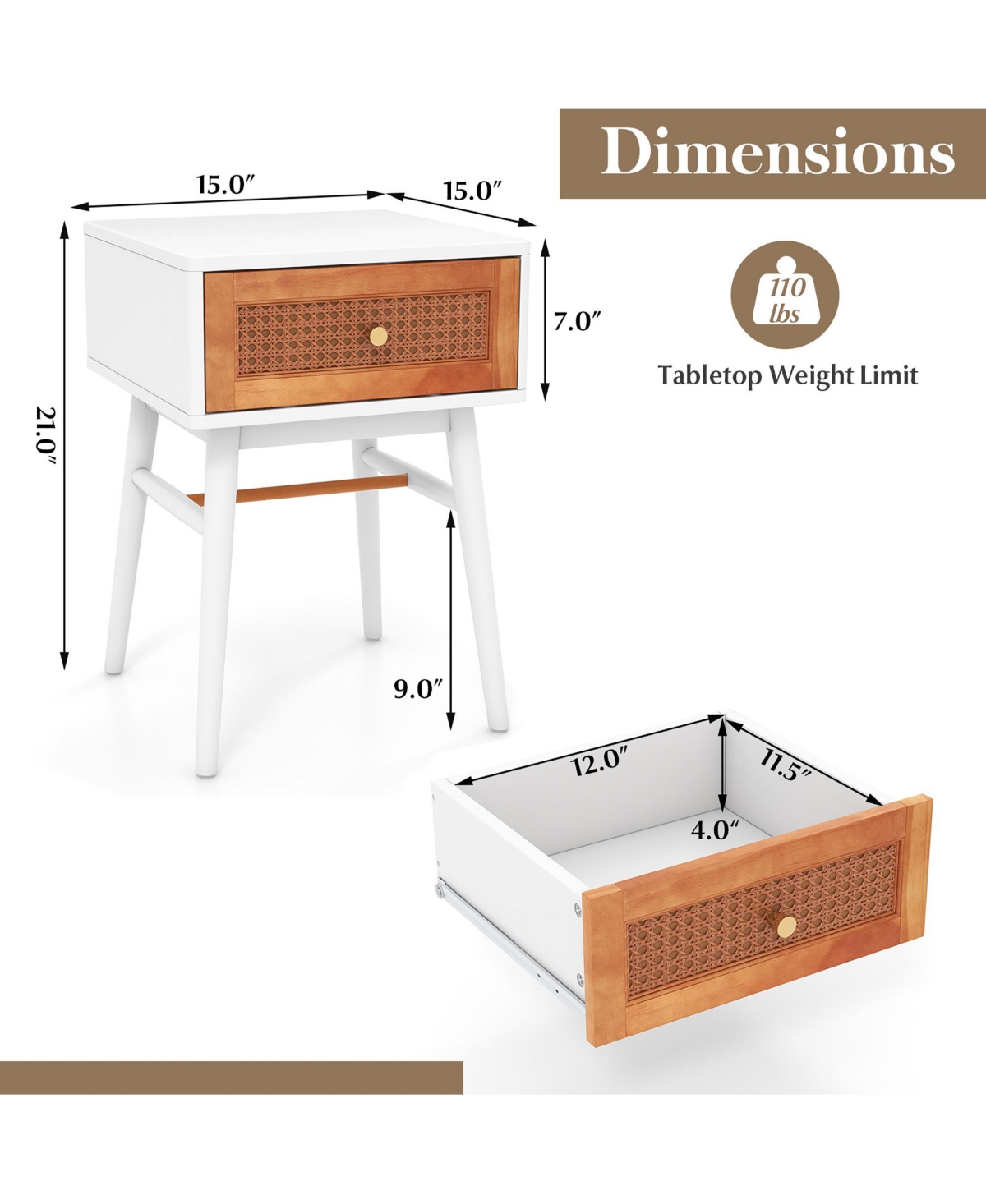 Costway Nightstand Modern Bedside End Table with Storage Drawer and Solid Wood Legs