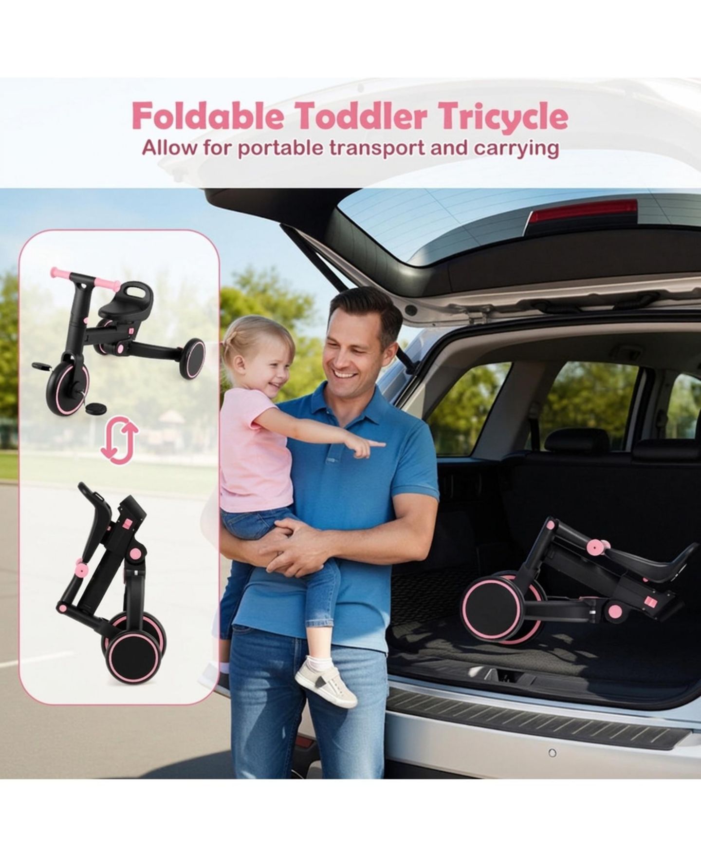 Детская игрушка HONGGE 4-in-1 Foldable Toddler Trike with Parent Push Handle, 55 lbs Capacity, Ages 18 Months–5 Years, цвет: Чёрный / Розовый — фото 9