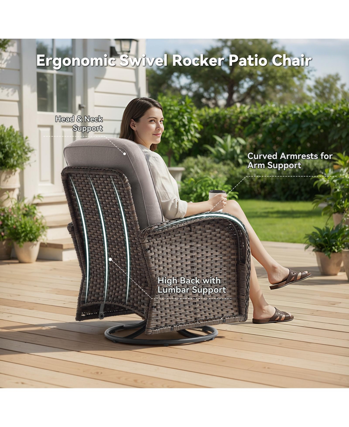 Pocassy 3-Piece Wicker Patio Furniture Set with Thick Cushions, Outdoor Swivel Rocker Chairs High Back, Deep Seating for Deck, Porch Use