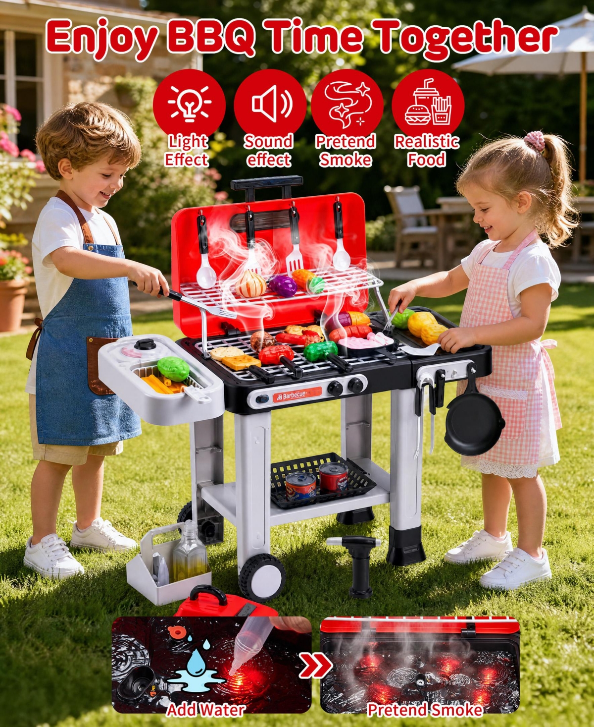 Sugift Bbq Grill Toy with Spray, Light and Sound, Color-Changing Play Food Set, Ages 3+