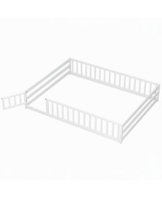 Queen Size Montessori Floor Bed Frame With Full Length Safety Guardrails For Kids