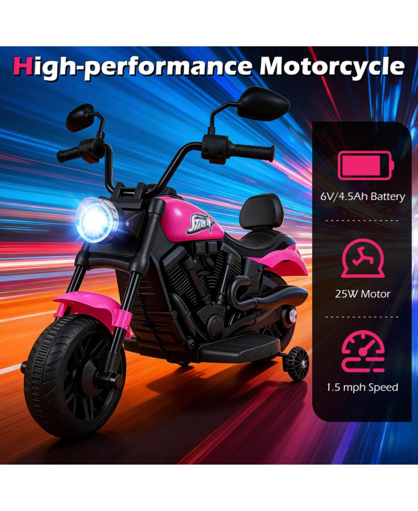 Детская игрушка HONGGE 6V Kids Electric Motorcycle with Headlight and Training Wheels, цвет: Розовый — фото 6
