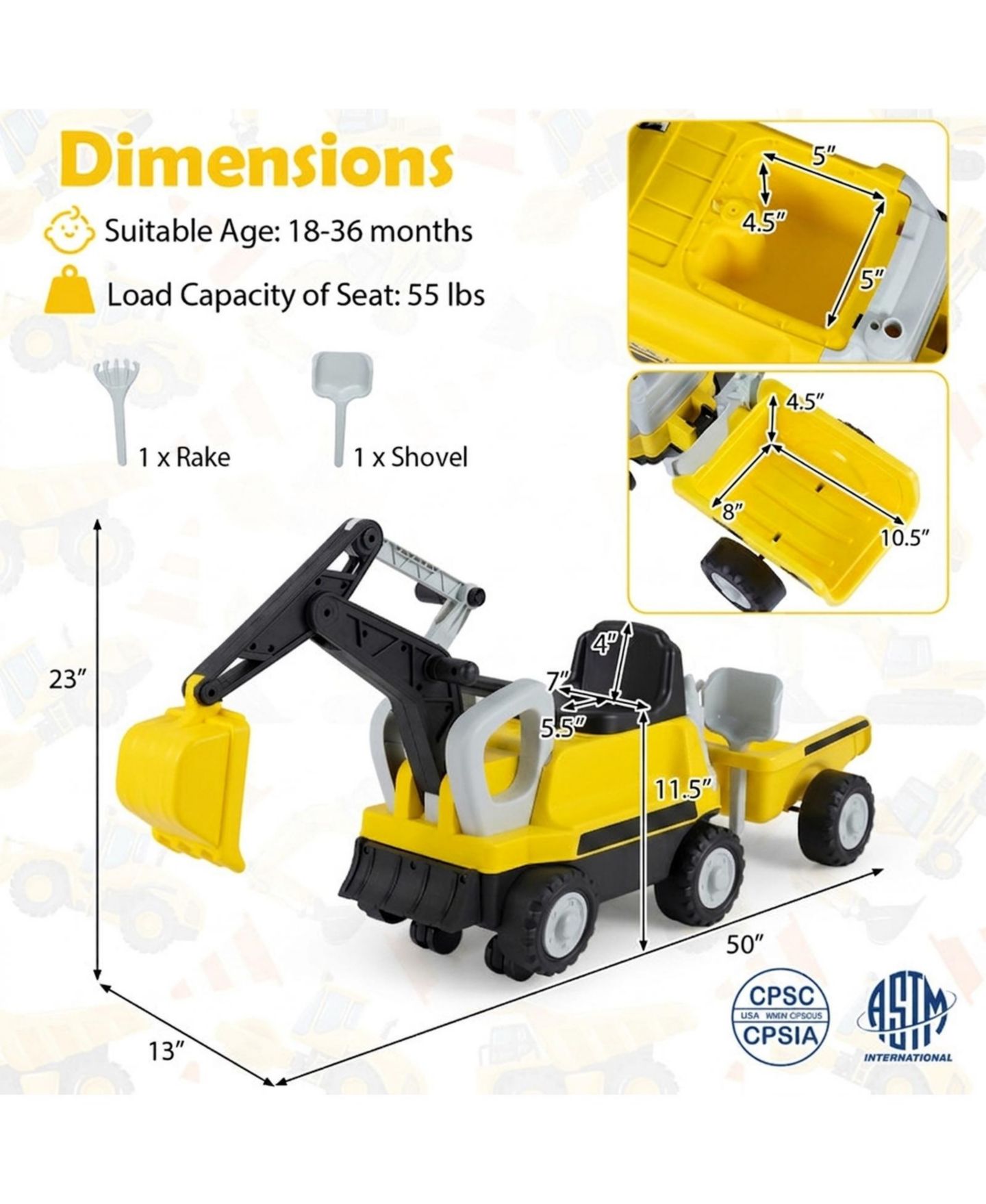 Детская игрушка HONGGE 2-In-1 Foot-to-Floor Ride-On Tractor with Digging Arm and Detachable Trailer, 50"L x 13"W x 23"H, 55 lb. Capacity, Ages 3+, цвет: Жёлтый — фото 3