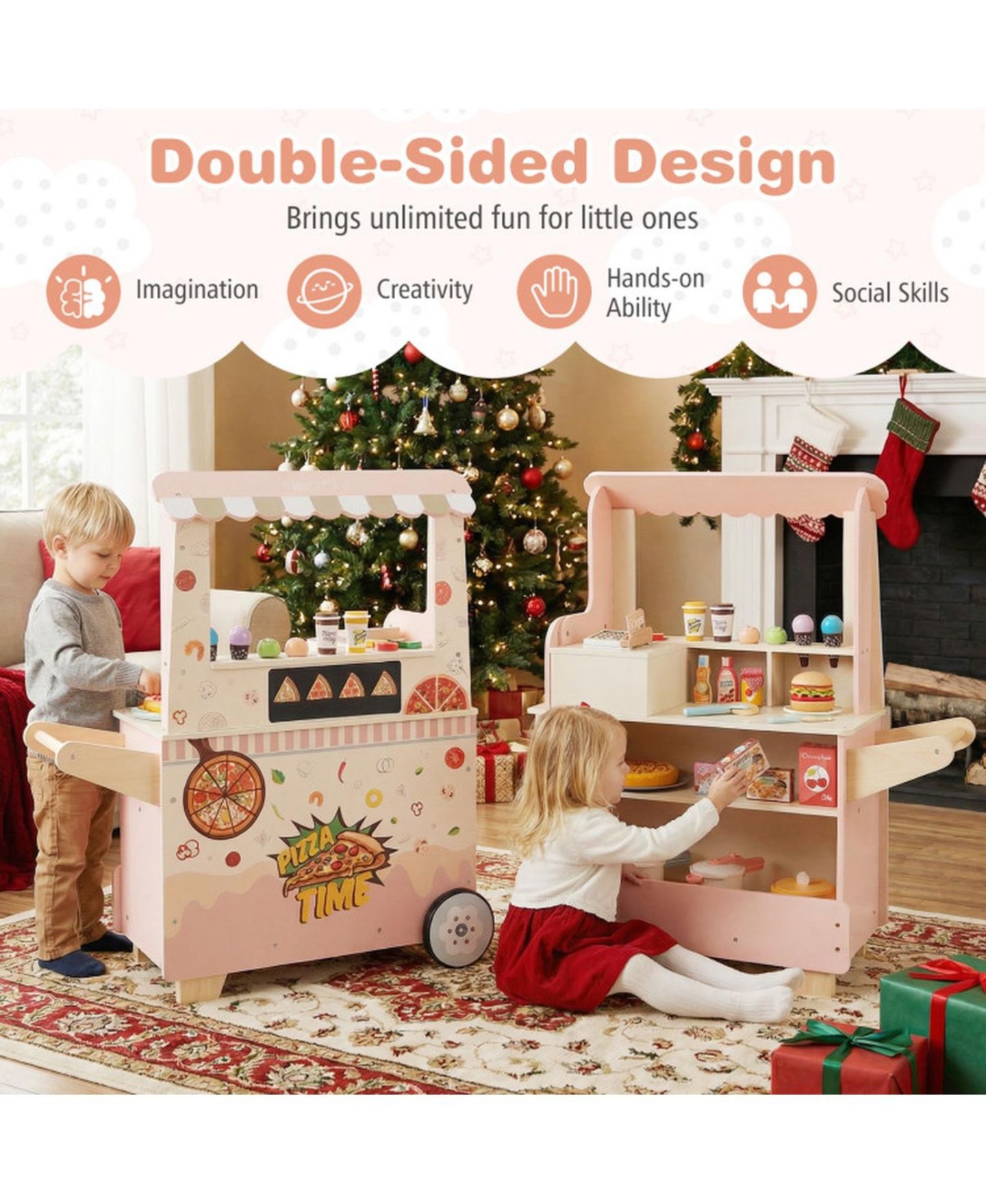 Детский игровой набор SUGIFT Pizza Food Truck Double-Sided Wooden 40-Piece Playset, Ages 3-6, цвет: Розовый — фото 7