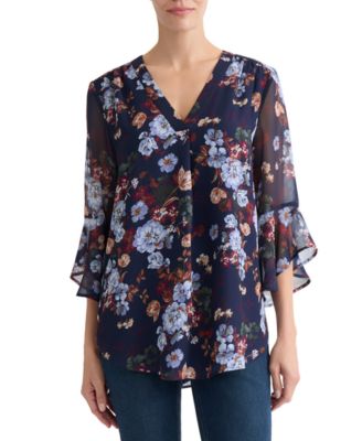 Petite Floral-Print V-Neck 3/4-Length Flutter-Sleeve Blouse