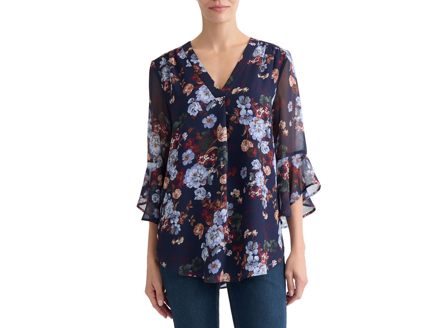 Женский топ Jones New York V-Neck Printed-Flutter-Sleeve Top, цвет: Тёмно-синий разноцветный — фото 1