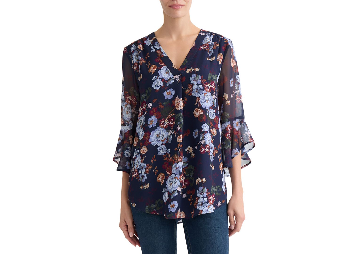 Petite V-Neck Printed-Flutter-Sleeve Top