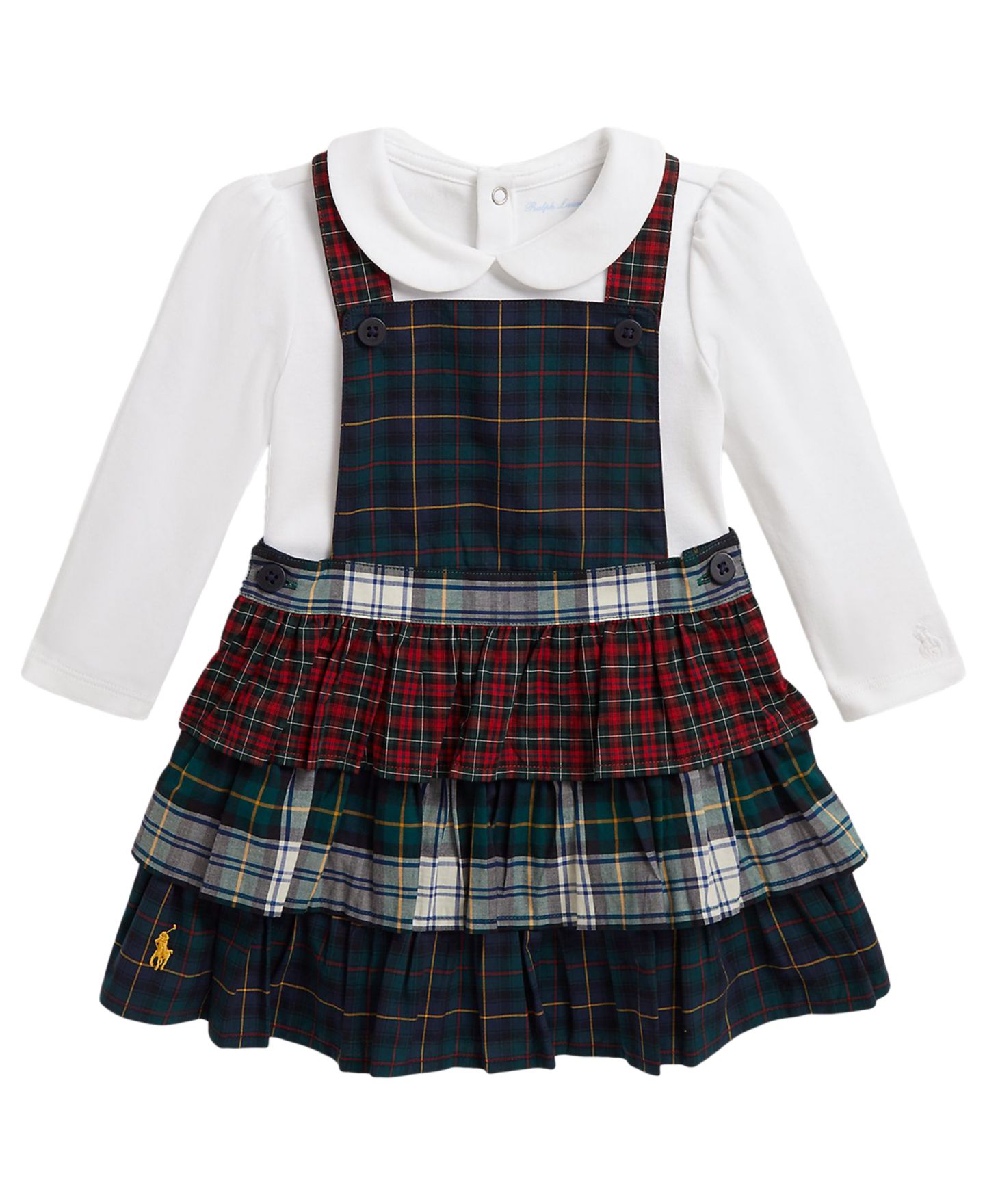 Polo Ralph Lauren Baby Girls' Long-Sleeve Cotton Bodysuit and Tiered Plaid Dress, 2-Piece Set, цвет: Белый / Тёмно-синий — фото 1
