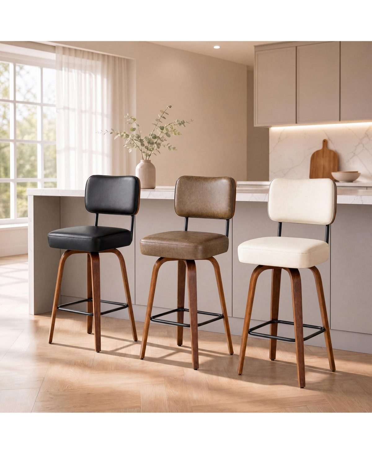 homfan Set of 4 26" Beige Faux Leather Swivel Counter Stools with Back and Bentwood Legs