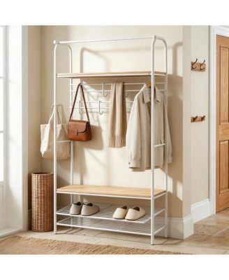 Entryway Hall Tree - Industrial Coat Rack and Storage Bench, 8 Hooks, 2-Tier Shoe Shelf, Quick 20-Min Assembly