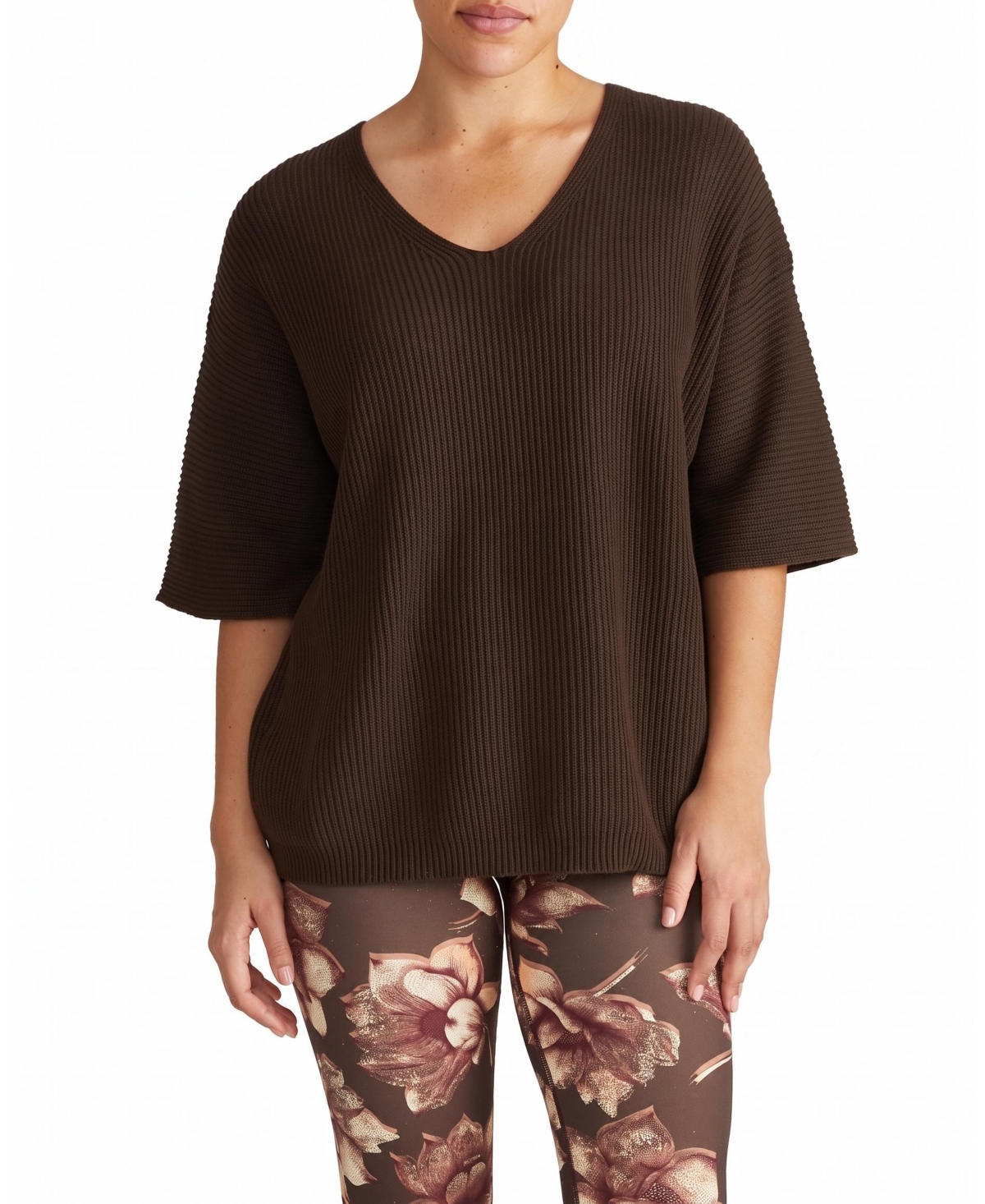 Universal Standard Plus Size Lotus V-Neck Oversized Ribbed-Knit Sweater - Deep brown