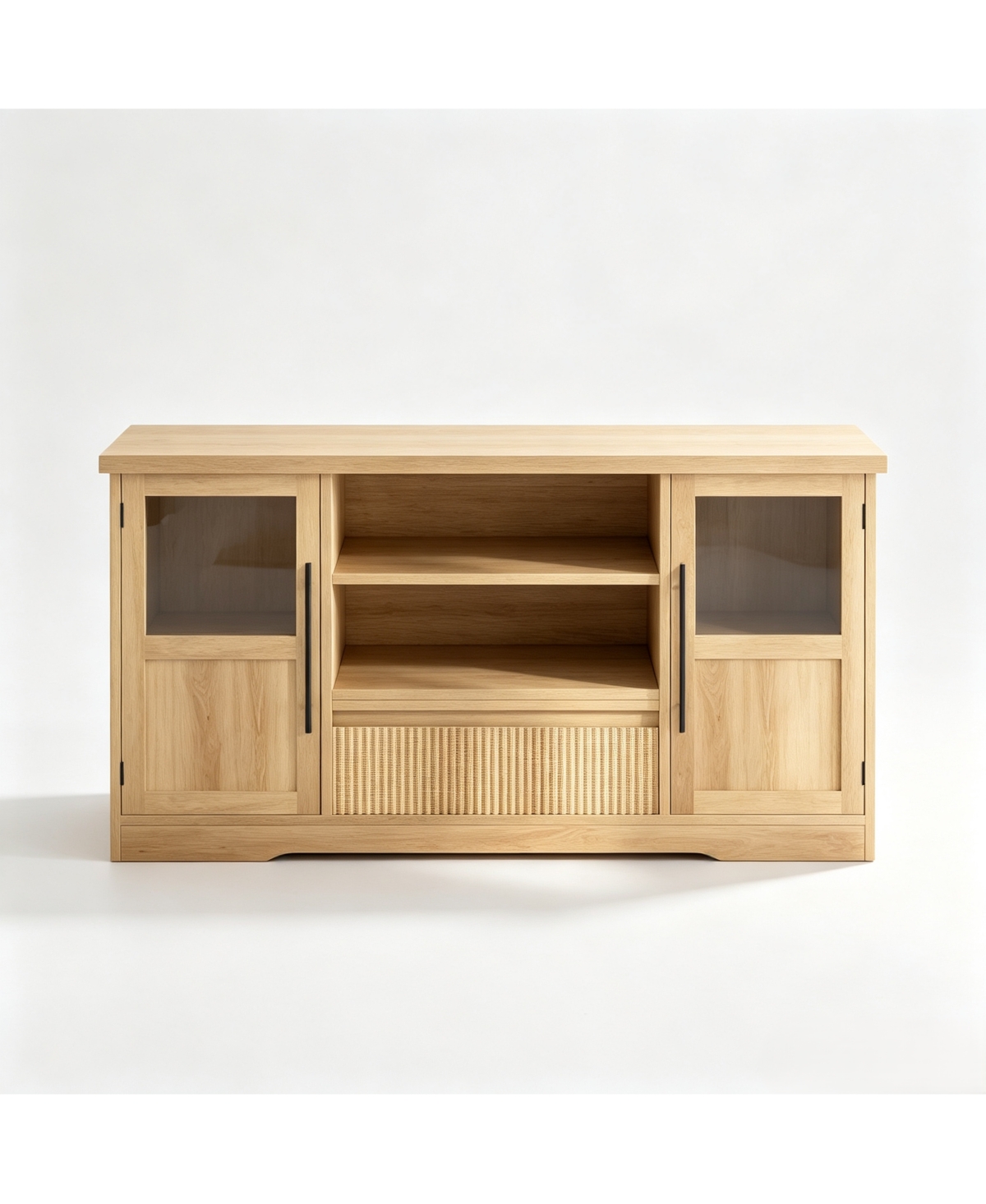 homfan 72" Farmhouse Tv Stand with Wave Pattern and Glass Door Cabinets, Media Console, Light Wood Finish
