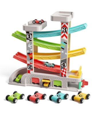 Car Ramp Toys With 4 Cars Built-in Parking Lot And Gas Station Wooden Race Track Car Toy For Preschool Learning Activities Toddler