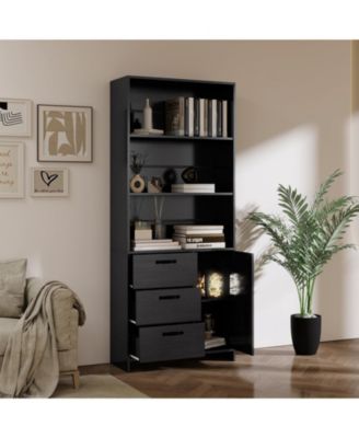 71" Tall Black Bookcase with Doors and 3 Drawers, 3-Tier Open Shelves