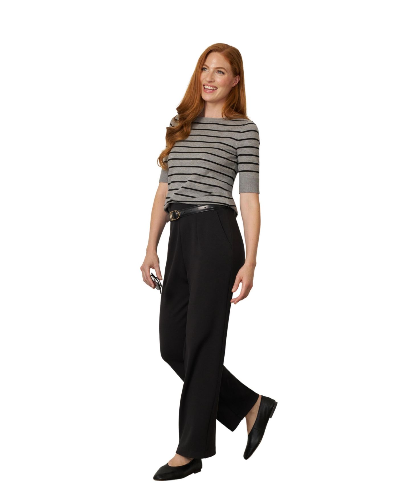 Женский свитер Cable & Gauge Stripe Ballet Neckline Elbow-Length, цвет: Серый / Чёрный — фото 4