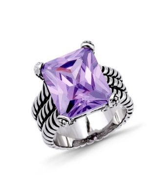Emerald Cut Cubic Zirconia Center Stone Oxidized Twist Rope Band Statement Ring