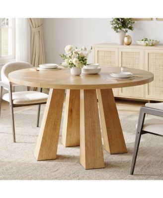 Modern Farmhouse Round Dining Table for 4-6 - Walnut Wood, Robust 4-Leg Base - Space-Saving Circle Table for Kitchen, Dining Room, Apartment