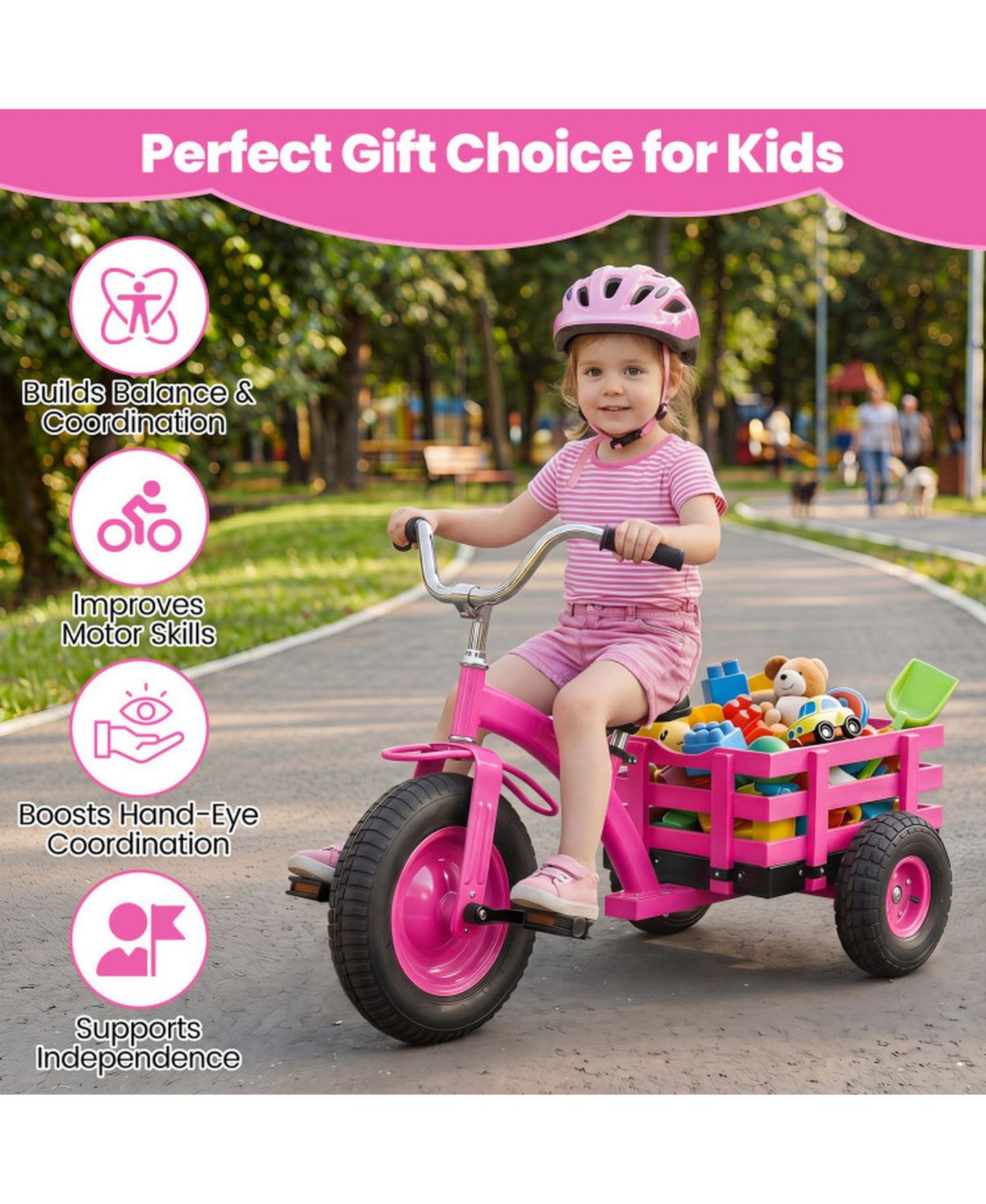 Детская игрушка HONGGE Kids Tricycle with Inflatable Rubber Tires and Wooden Basket, 200 lbs Capacity, Ages 3+, цвет: Розовый — фото 4