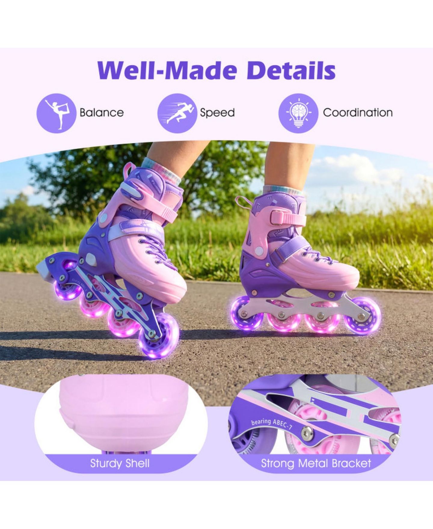 Детские игрушки HONGGE Light-Up Adjustable Inline Skates, Sizes 13.5C-3, Ages 5-7, цвет: Фиолетовый — фото 4