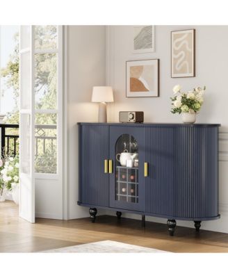 55" Blue Mid-Century Bar Cabinet with Sliding Door, Detachable Wine Rack and Glass Holder