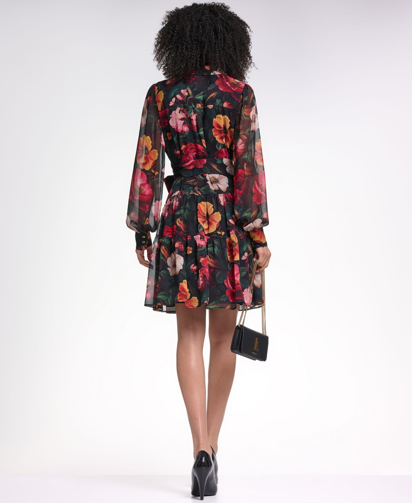 Женское платье KARL LAGERFELD PARIS Printed Grid Chiffon Shirtdress, цвет: Чёрный / Комбинированный — фото 8