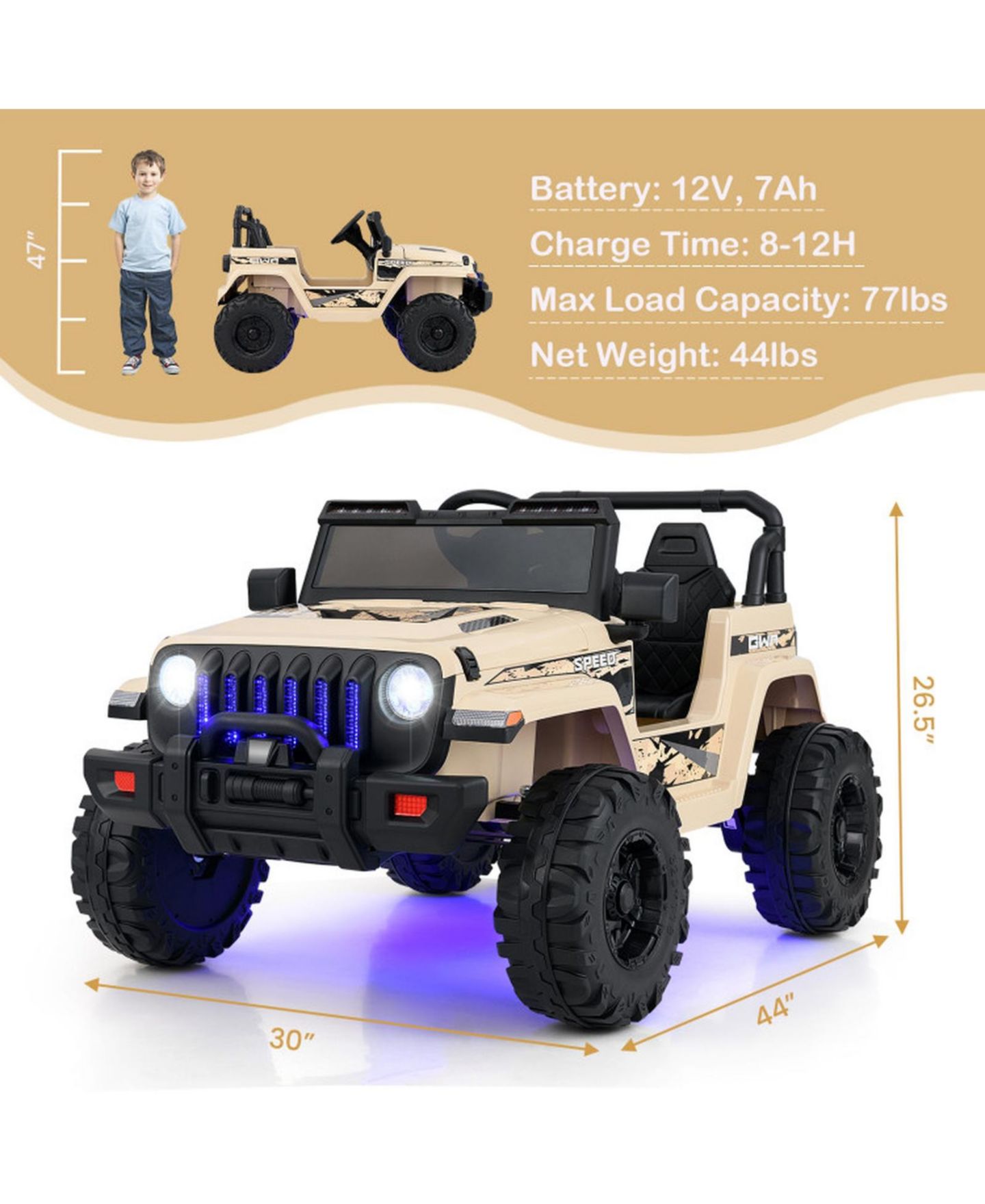 Детская игрушка HONGGE 12V Kids Ride-On Jeep Car with Parental Remote Control and LED Lights, 44"L x 30"W x 26.5"H, 77 lbs, Ages 3+, цвет: Натуральный — фото 3