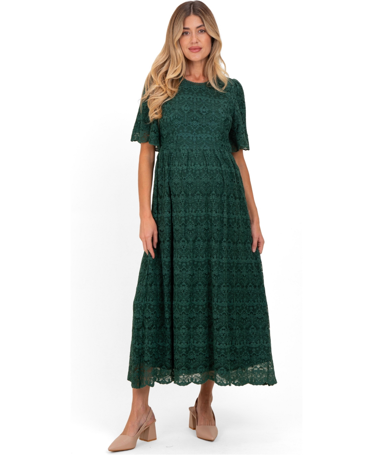 Pinkblush Maternity Floral Flutter-Sleeve Midi Lace Dress - Forest green