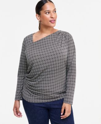 Plus Size Ruched Asymmetrical-Neckline Long-Sleeve Blouse