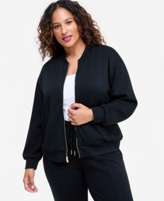 Plus Size Zip-Up Ribbed-Cuff Bomber Jacket