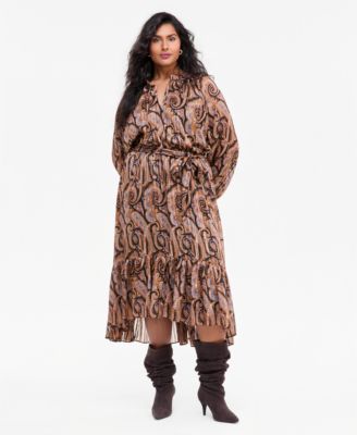 Plus Size Long-Sleeve High-Low Mock-Neck Chiffon Wrap Dress
