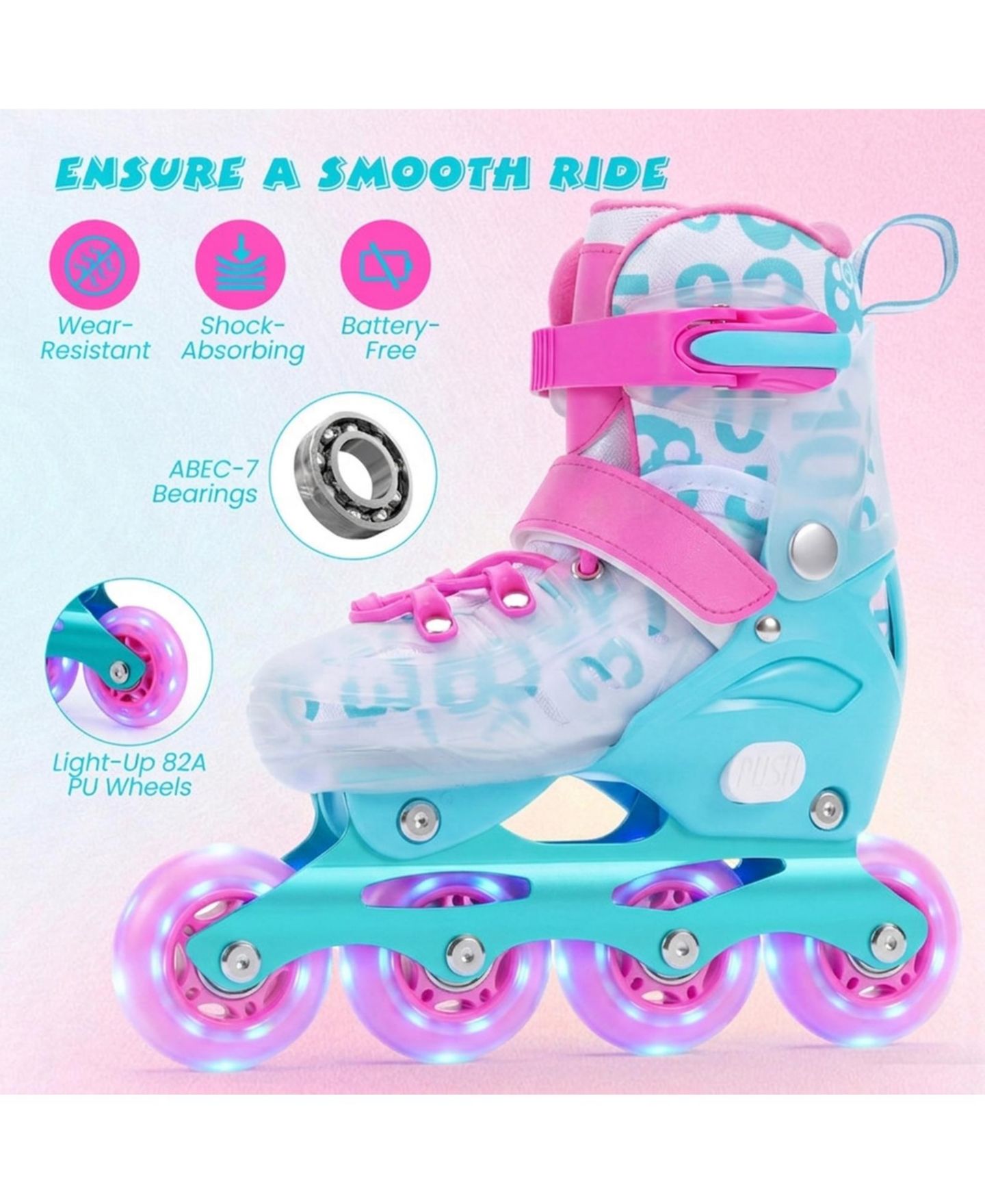 Детские игрушки HONGGE 4-Size Adjustable Inline Skates with Light-Up Wheels, Ages 7-9, цвет: Синий / Розовый — фото 7
