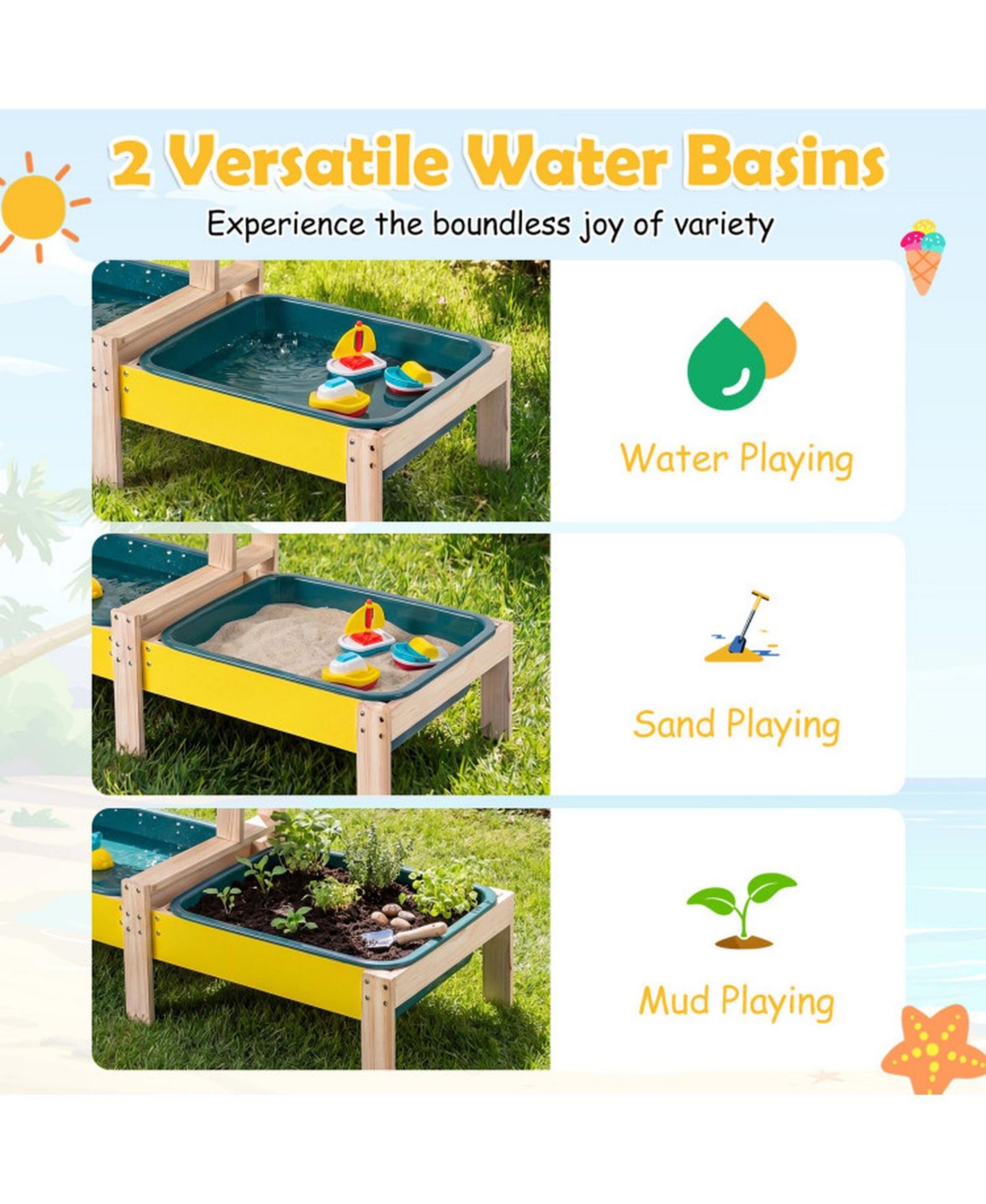 Детская игрушка HONGGE 3-in-1 Toddler Splinter-Free Fir Wood Dual-Basin Sand and Water Table, Ages 3+, цвет: Натуральный — фото 4