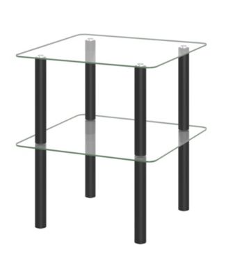 2-Tier Square End Table with Tempered Glass Top and Rubber Wood Legs