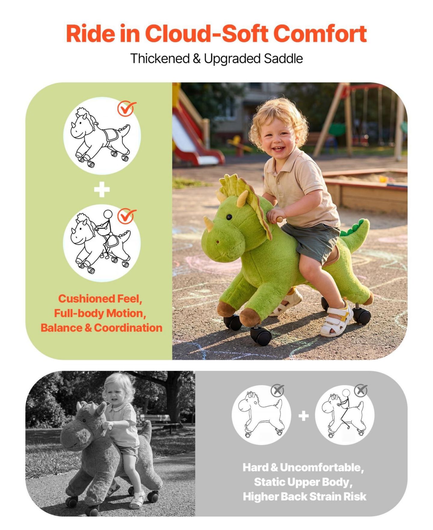 Детская игрушка HONGGE Kids Ride-On Dinosaur Toy with 360 Degree Caster Wheels, 88 lb Capacity, Ages 3+, цвет: Зелёный — фото 8