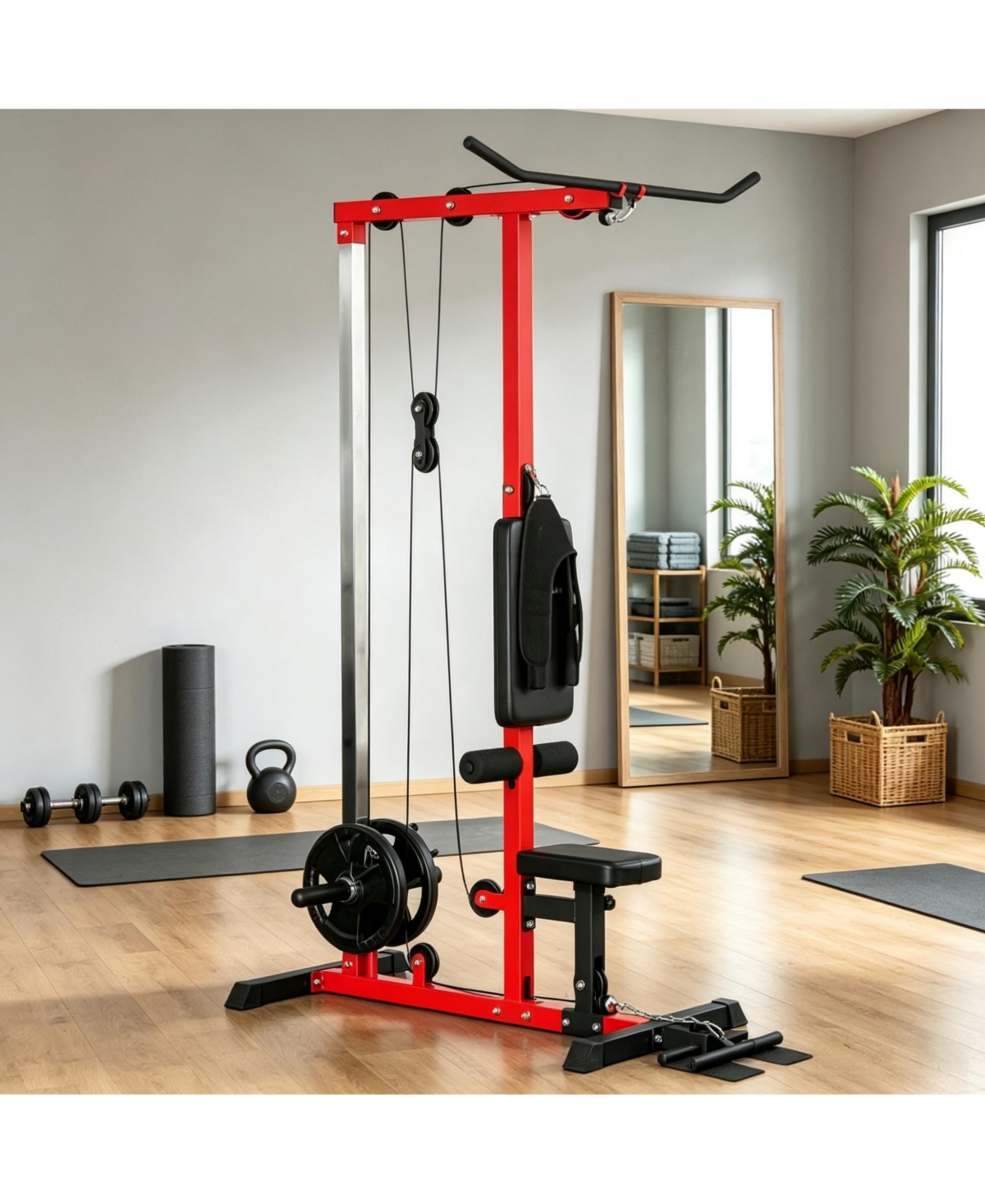 Home Lat Pulldown and Low Row Machine with Adjustable Seat, Plate Adapters and Wide Flip-Up Pedals