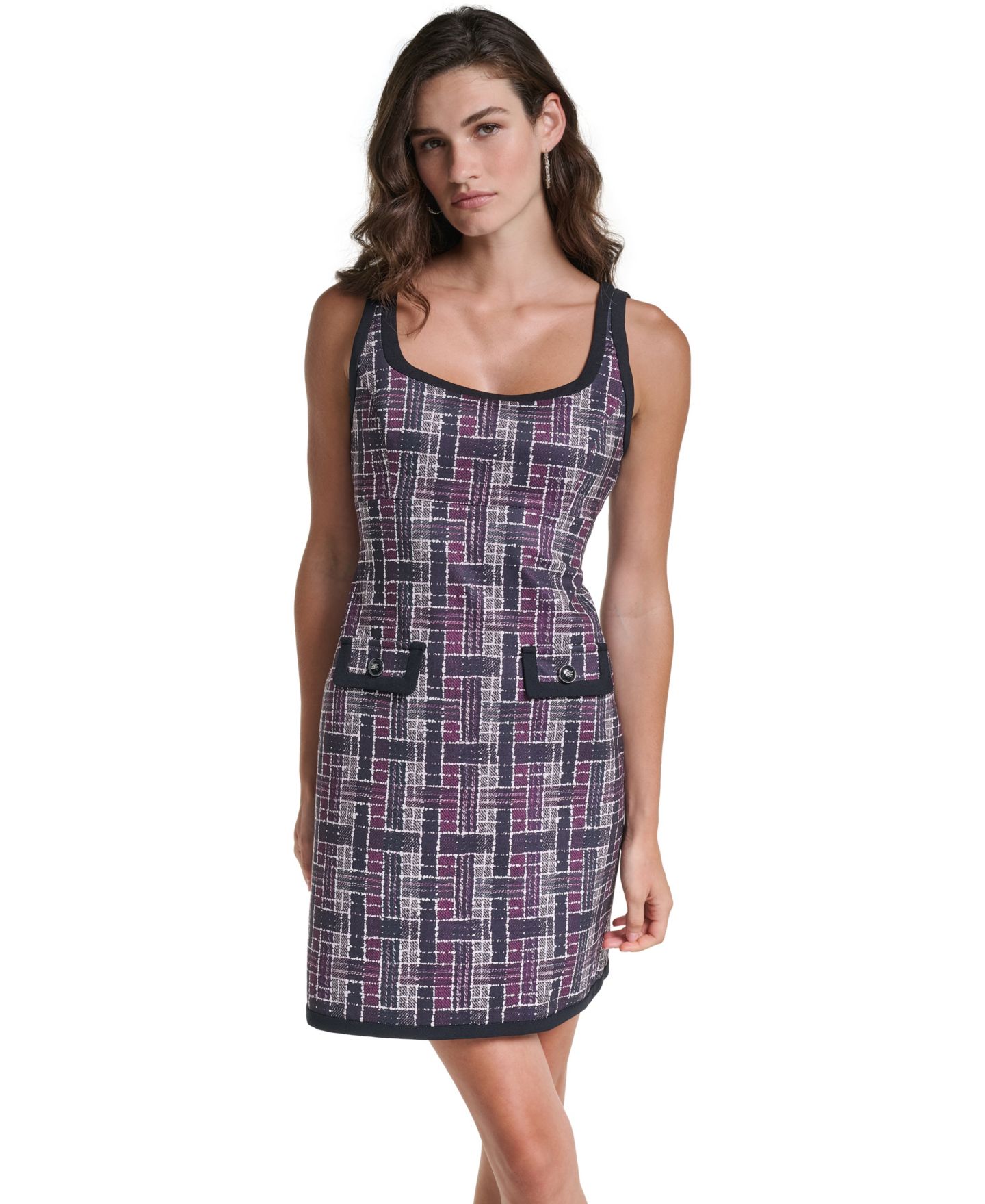 Женское платье KARL LAGERFELD PARIS Printed Plaid Scoop Neck Sleeveless A-Line, цвет: Инжирный трюфельный — фото 2