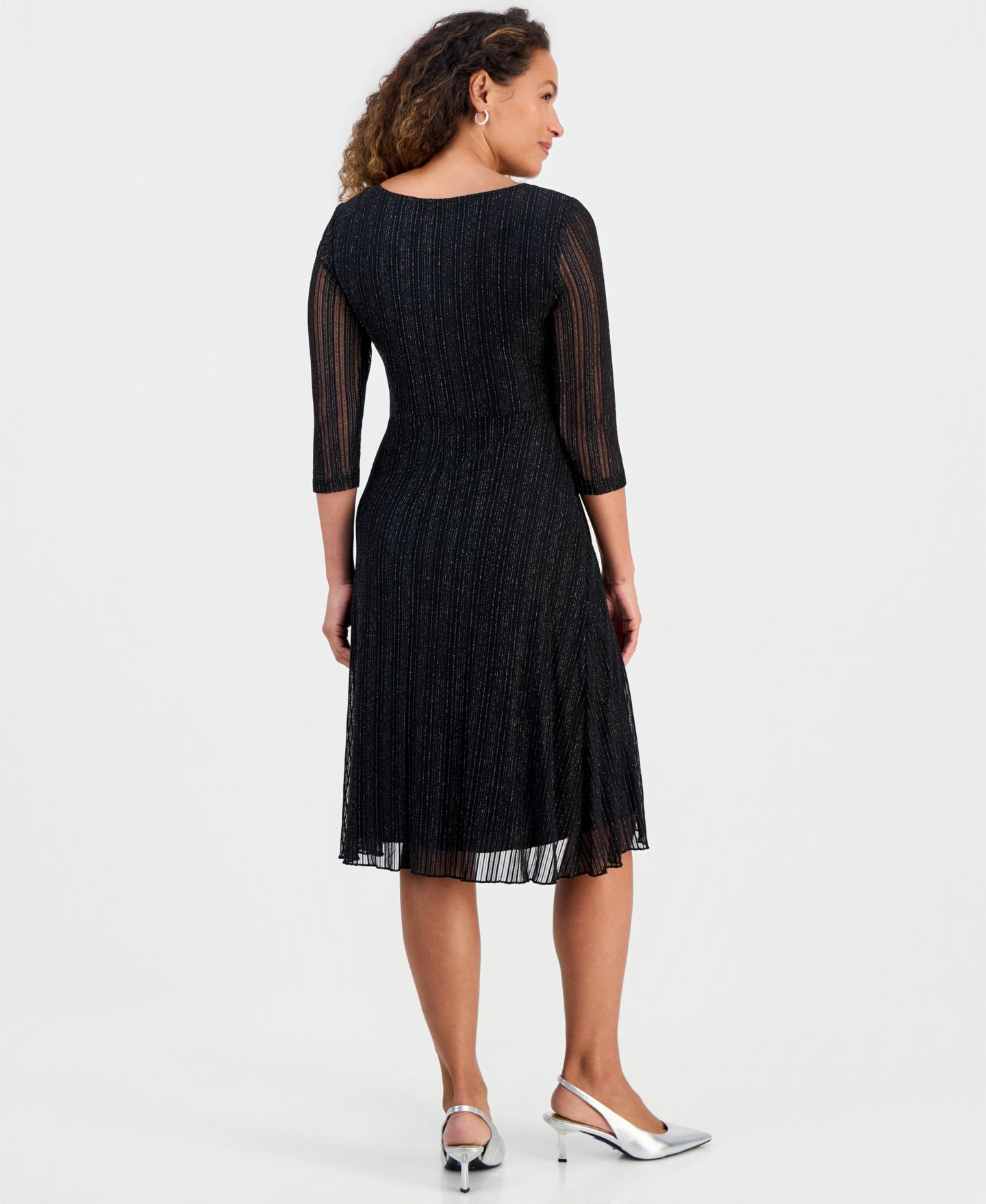 Женское платье Connected Petite Mesh Tie-Waist 3/4-Sleeve Midi, цвет: Чёрный — фото 3