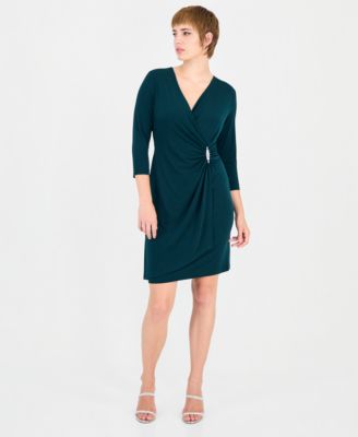 Women's Solid Jersey Mock Wrap V-Neck 3/4 Sleeve Dress